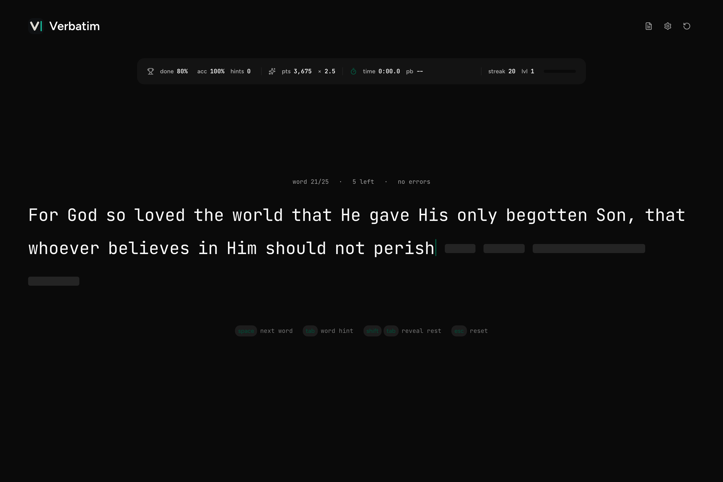 Verbatim app screenshot showing John 3:16 memorization practice in progress
