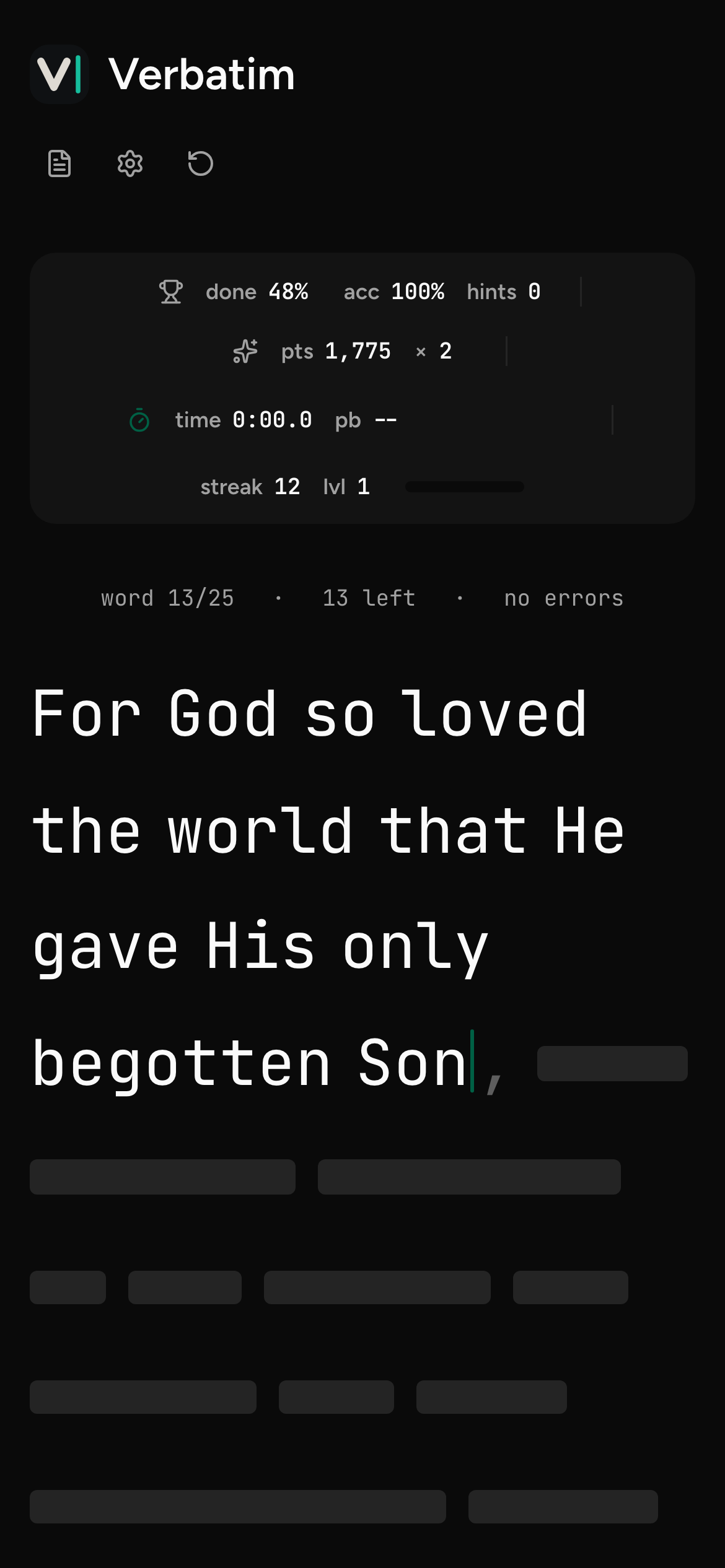 Mobile Verbatim app screenshot showing John 3:16 practice